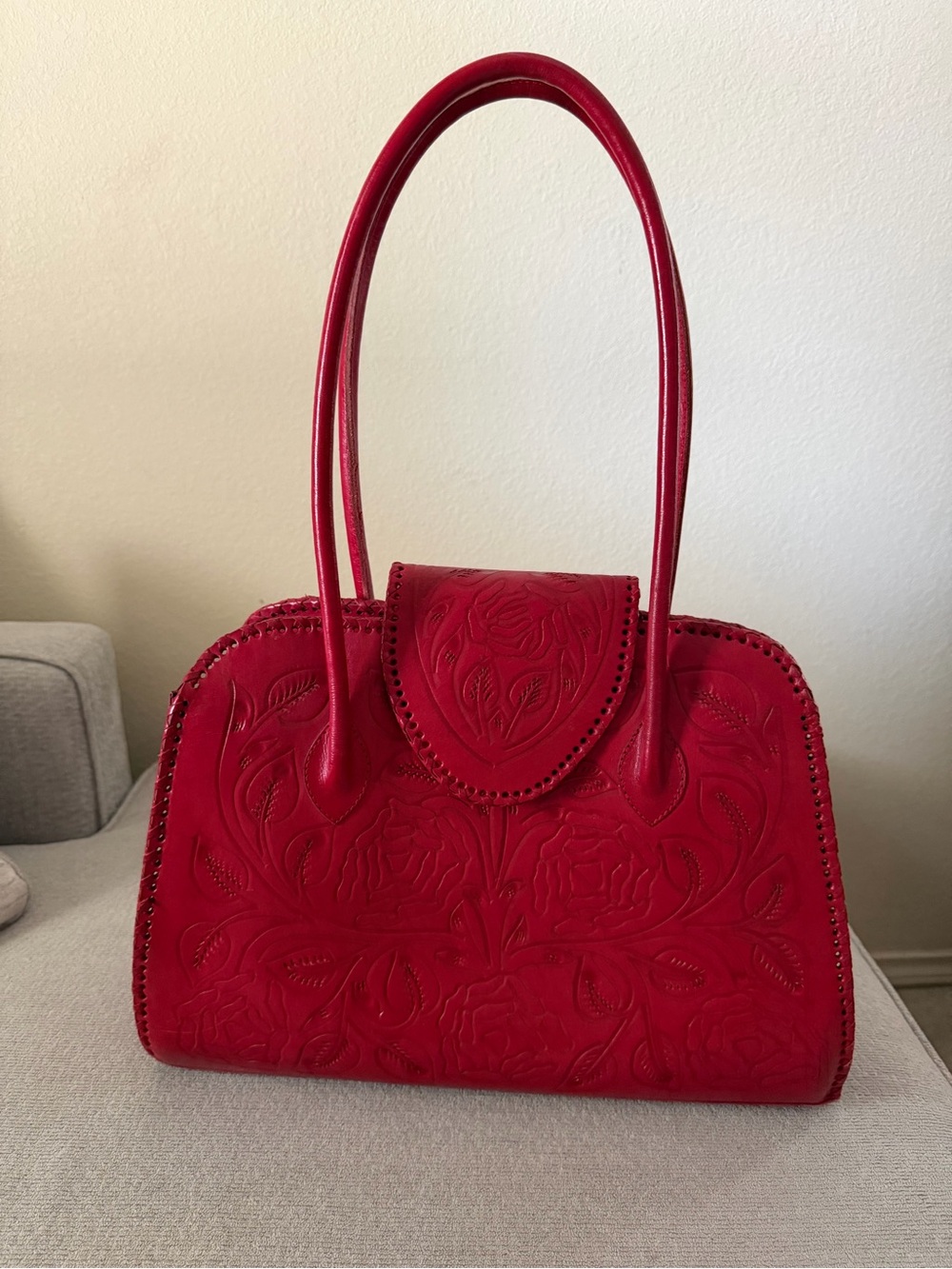 Red Embossed Floral Tote Bag - Women's Shoulder Handbag